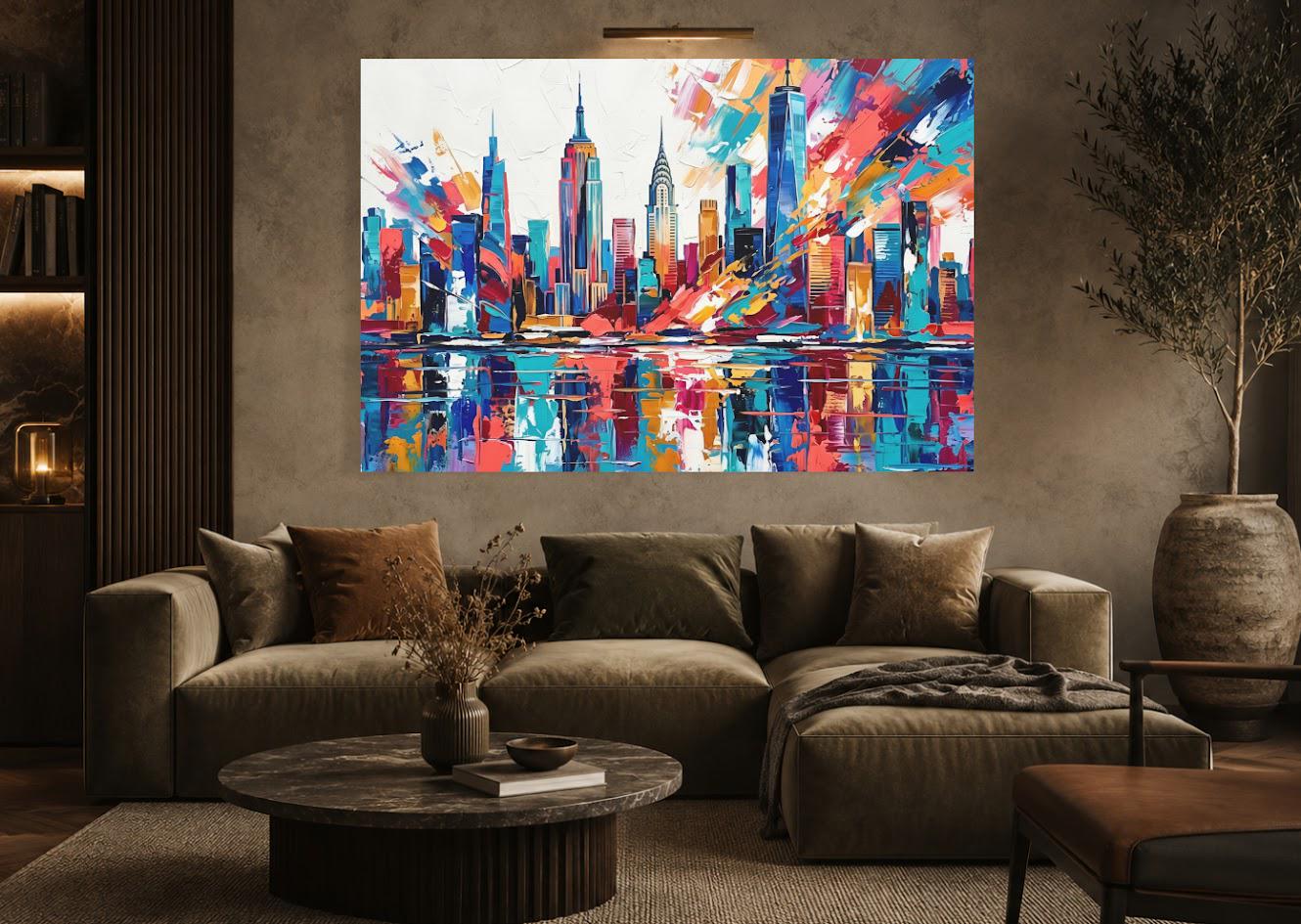 New York City Skyline Canvas Wall Art, Colorful Abstract Cityscape Print for Modern Office or Apartment — Framed Print wall