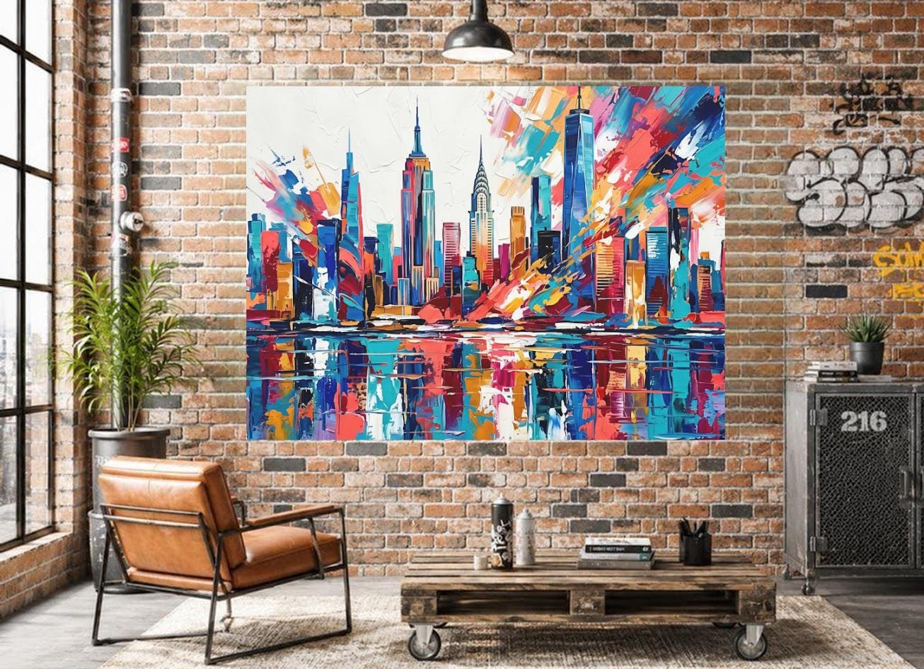 New York City Skyline Canvas Wall Art, Colorful Abstract Cityscape Print for Modern Office or Apartment — Framed Print wall