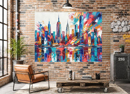 New York City Skyline Canvas Wall Art, Colorful Abstract Cityscape Print for Modern Office or Apartment — Framed Print wall