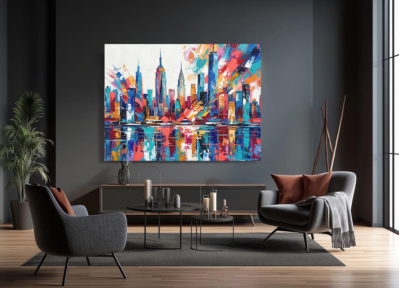 New York City Skyline Canvas Wall Art, Colorful Abstract Cityscape Print for Modern Office or Apartment — Framed Print wall