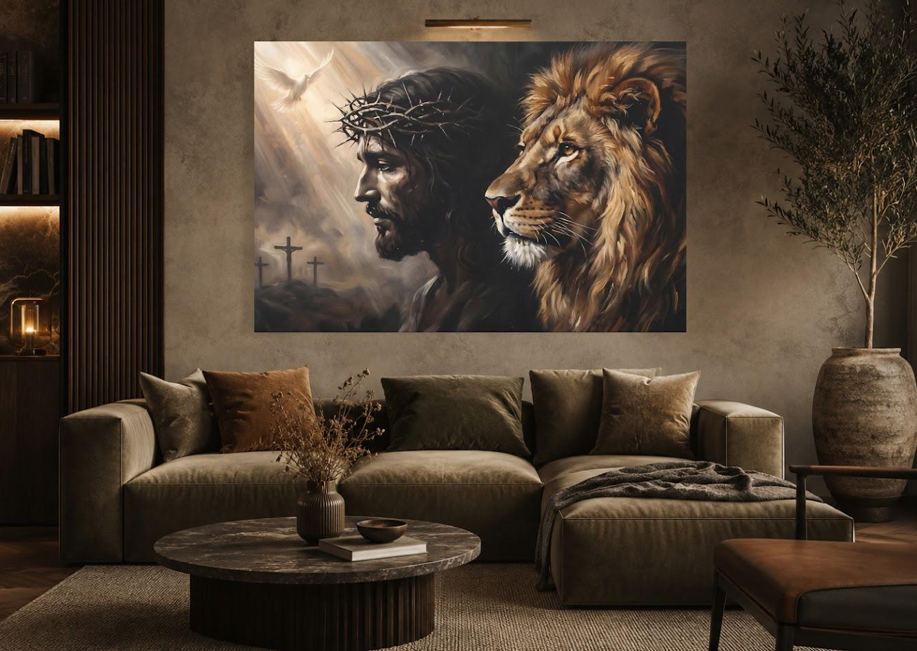Lion of Judah Canvas Wall Art, Jesus and Lion Christian Print for Modern Home or Office — Framed Print wall art
