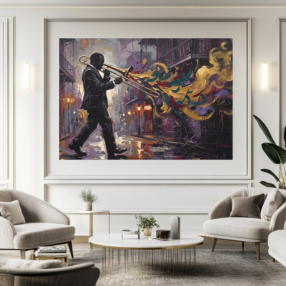 New Orleans Jazz Canvas Wall Art, Colorful Trombone Player Print for Home Bar or Lounge — Framed Print wall art