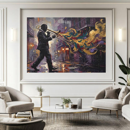 New Orleans Jazz Canvas Wall Art, Colorful Trombone Player Print for Home Bar or Lounge — Framed Print wall art