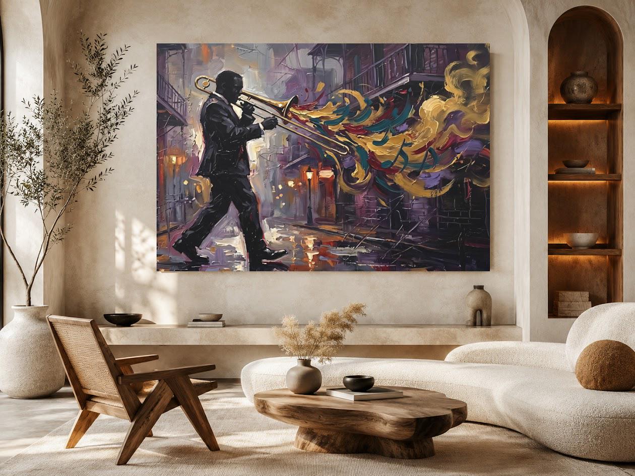 New Orleans Jazz Canvas Wall Art, Colorful Trombone Player Print for Home Bar or Lounge — Framed Print wall art