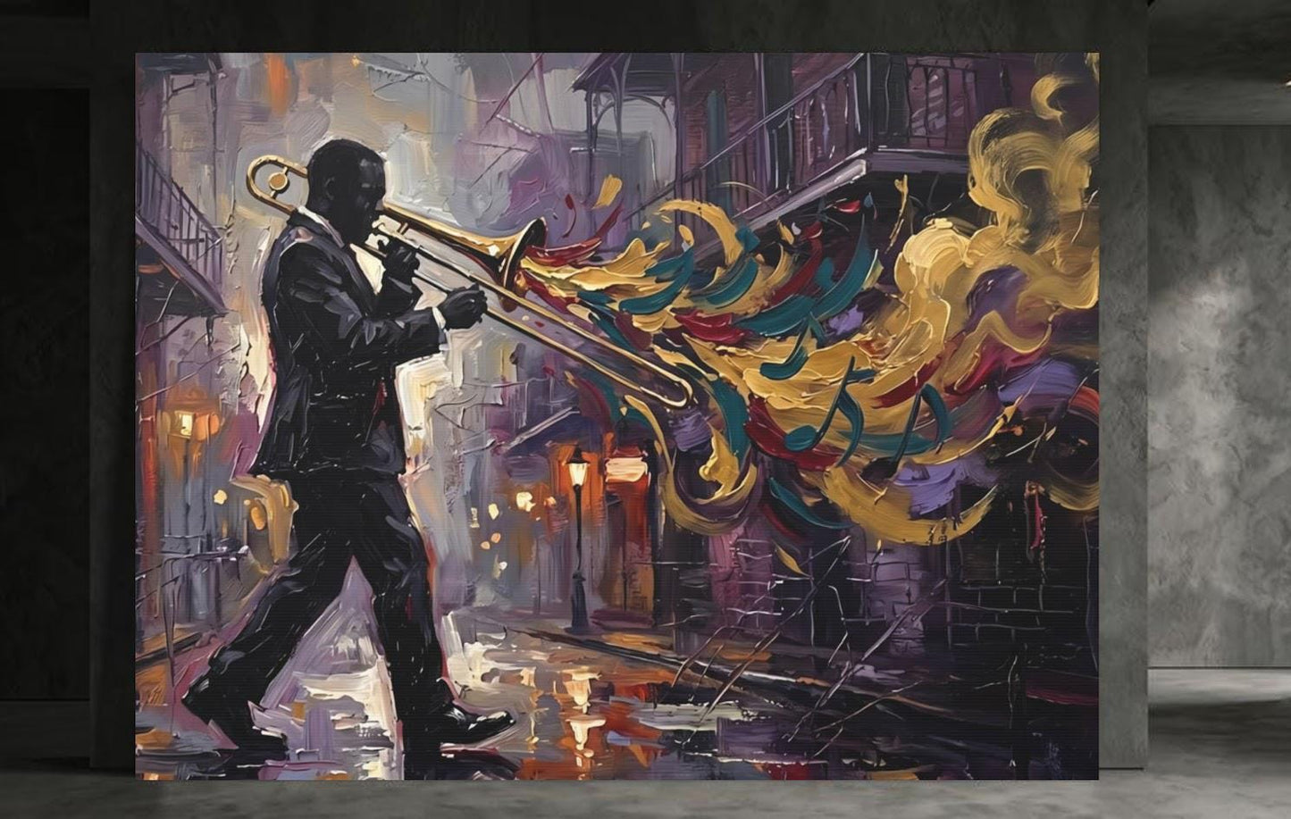 New Orleans Jazz Canvas Wall Art, Colorful Trombone Player Print for Home Bar or Lounge — Framed Print wall art