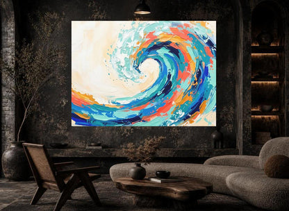 Ocean Wave Canvas Wall Art, Colorful Abstract Coastal Print for Modern Beach House or Living Room — Framed Print wall art