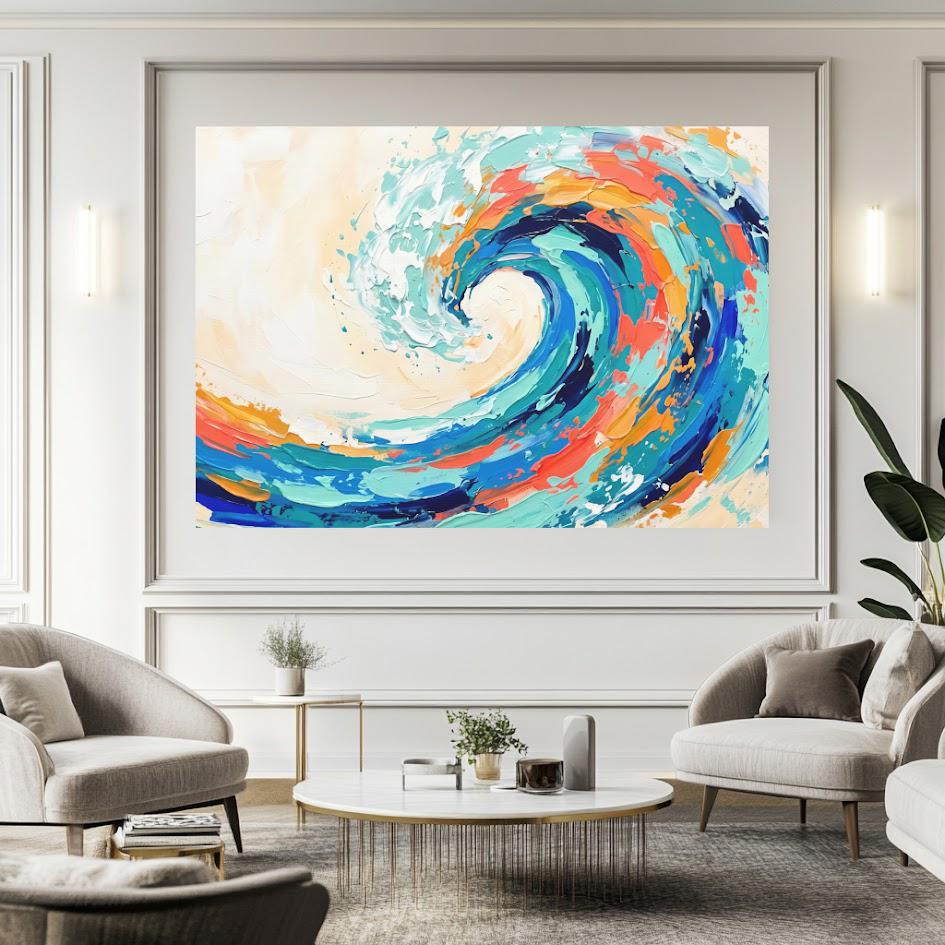 Ocean Wave Canvas Wall Art, Colorful Abstract Coastal Print for Modern Beach House or Living Room — Framed Print wall art