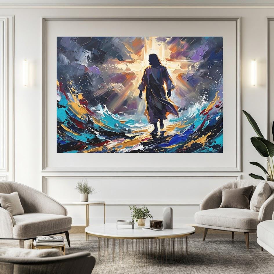 Jesus Walking on Water Canvas Wall Art, Colorful Abstract Christian Print for Modern Home or Prayer Room — Framed Print wall