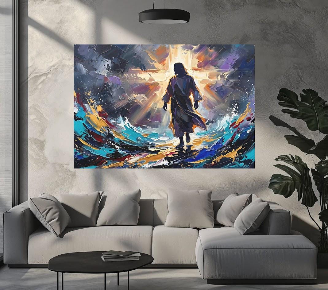 Jesus Walking on Water Canvas Wall Art, Colorful Abstract Christian Print for Modern Home or Prayer Room — Framed Print wall