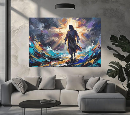 Jesus Walking on Water Canvas Wall Art, Colorful Abstract Christian Print for Modern Home or Prayer Room — Framed Print wall