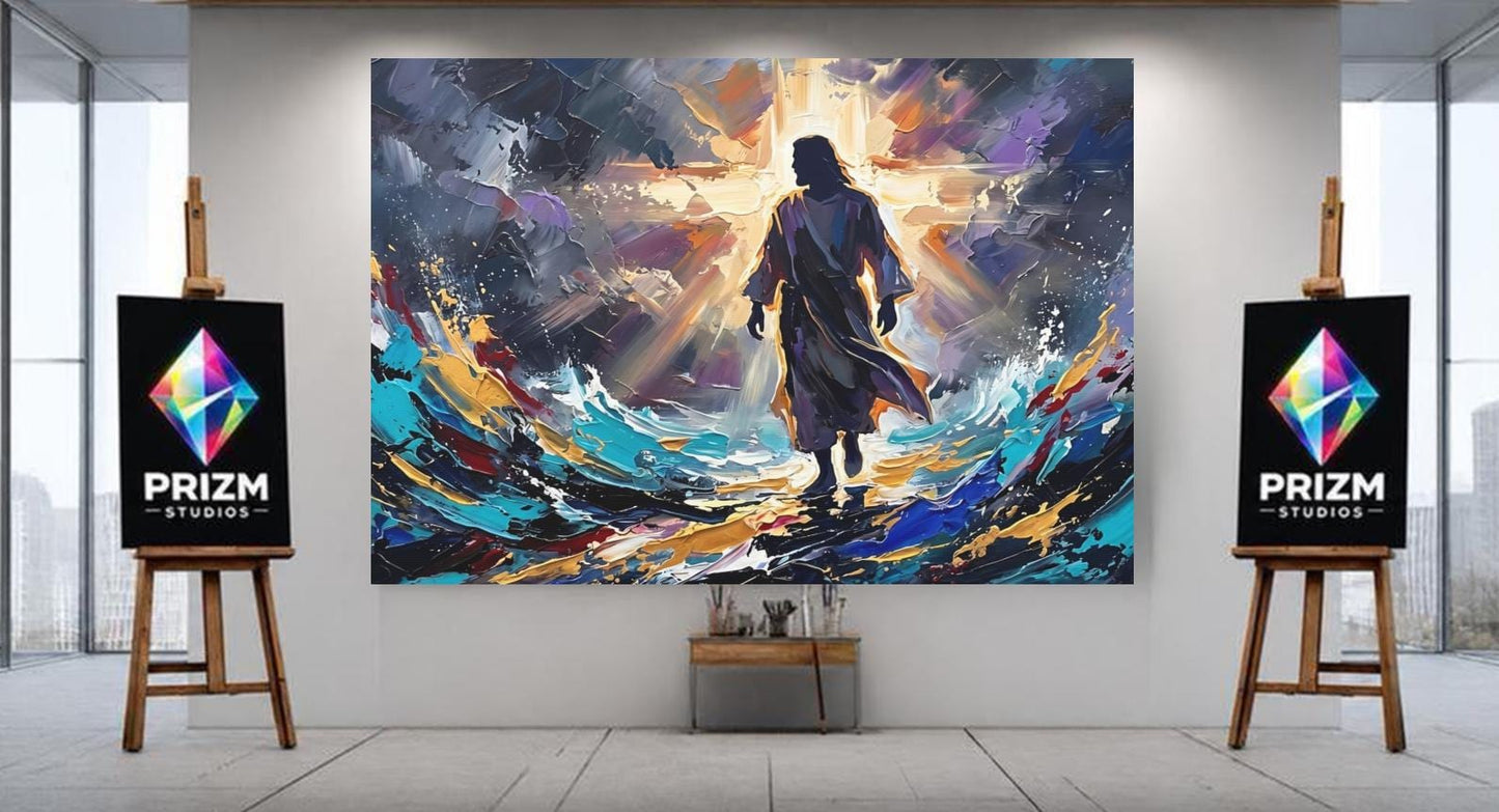 Jesus Walking on Water Canvas Wall Art, Colorful Abstract Christian Print for Modern Home or Prayer Room — Poster wall art