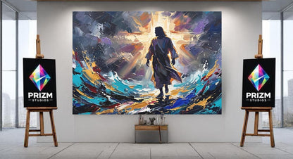 Jesus Walking on Water Canvas Wall Art, Colorful Abstract Christian Print for Modern Home or Prayer Room — Poster wall art