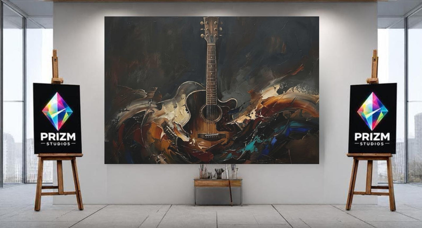 Acoustic Guitar Canvas Wall Art, Dark Moody Abstract Music Print for Home Studio or Man Cave — Poster wall art