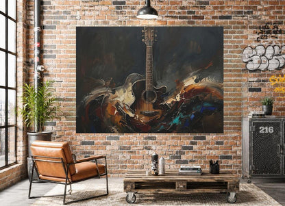 Acoustic Guitar Canvas Wall Art, Dark Moody Abstract Music Print for Home Studio or Man Cave — Framed Print wall art