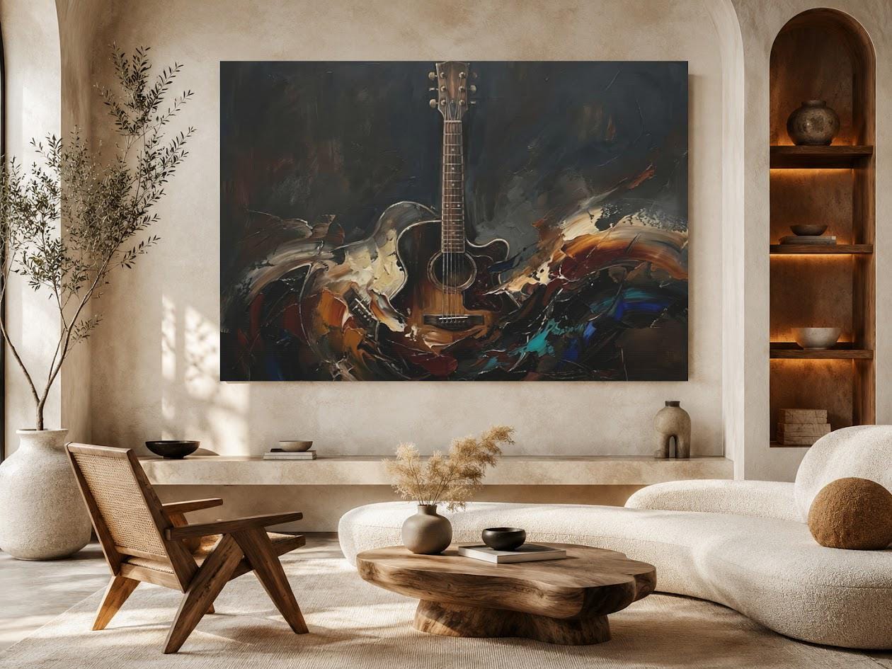 Acoustic Guitar Canvas Wall Art, Dark Moody Abstract Music Print for Home Studio or Man Cave — Framed Print wall art