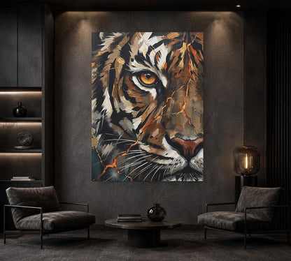 Tiger Canvas Wall Art, Abstract Predator Face Print for Executive Office or Man Cave — Framed Print wall art