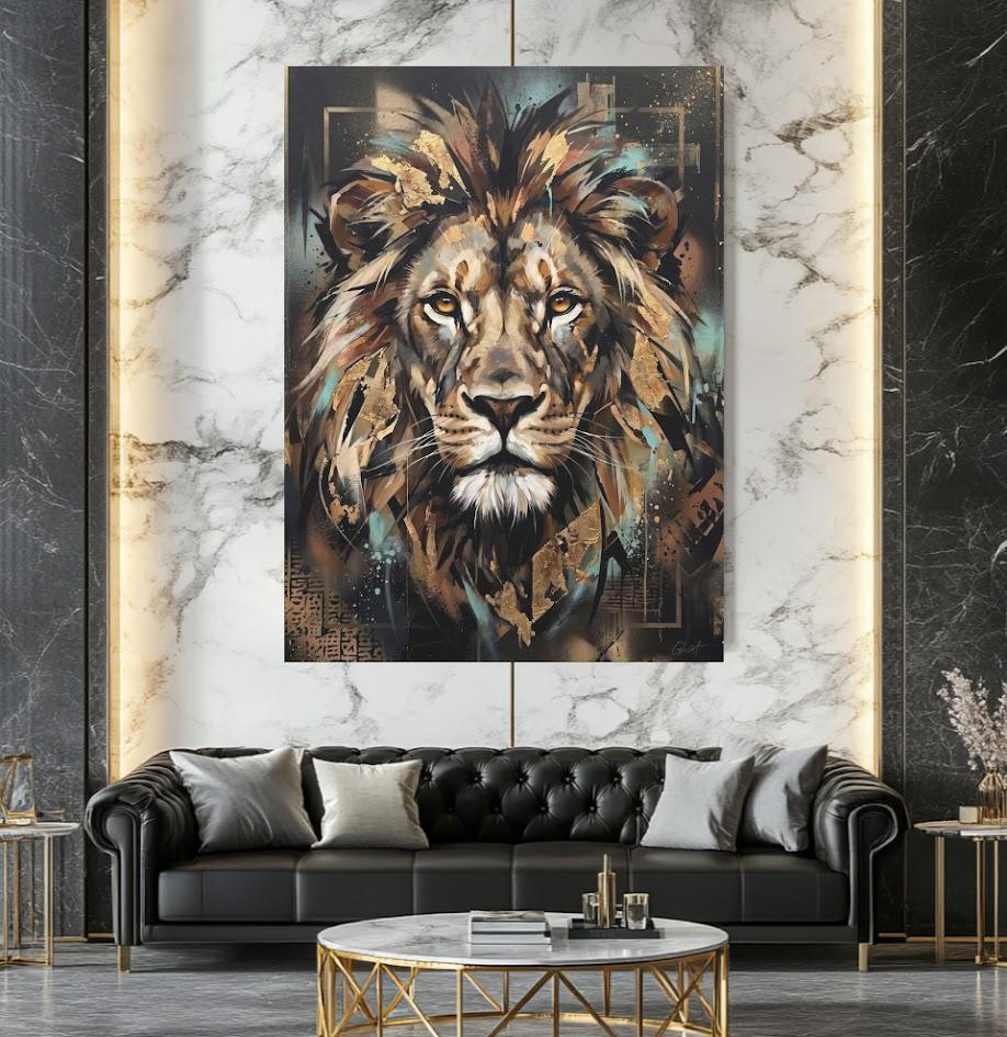 Lion Canvas Wall Art, Abstract Gold Leaf Predator Print for Executive Office or Man Cave — Framed Print wall art