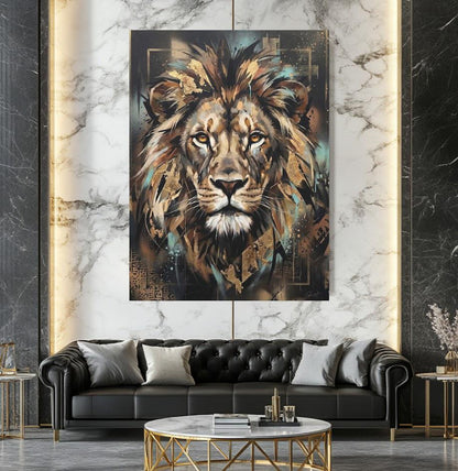 Lion Canvas Wall Art, Abstract Gold Leaf Predator Print for Executive Office or Man Cave — Framed Print wall art