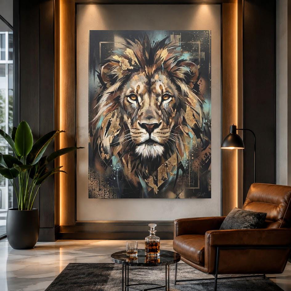 Lion Canvas Wall Art, Abstract Gold Leaf Predator Print for Executive Office or Man Cave — Framed Print wall art