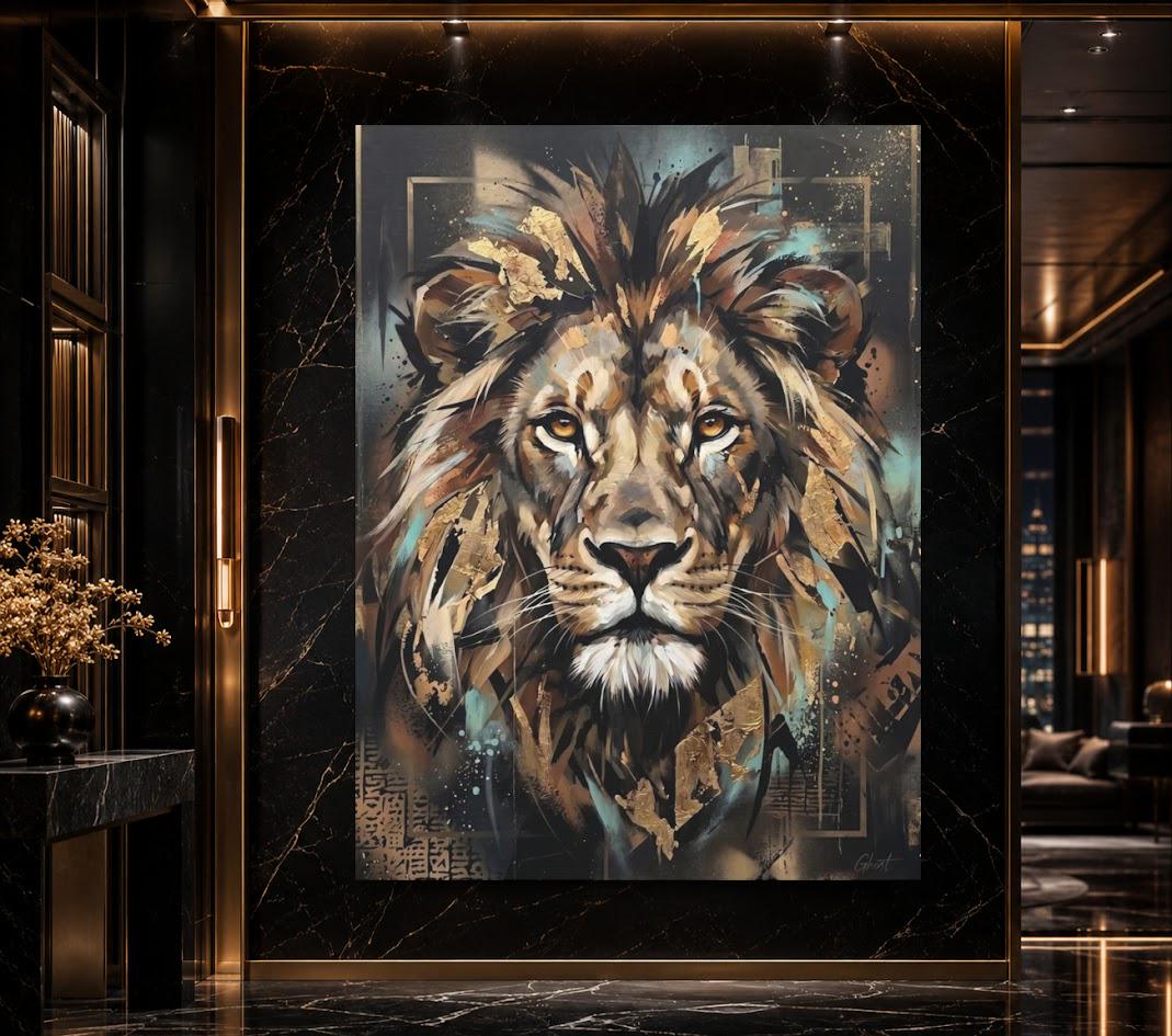 Lion Canvas Wall Art, Abstract Gold Leaf Predator Print for Executive Office or Man Cave — Framed Print wall art