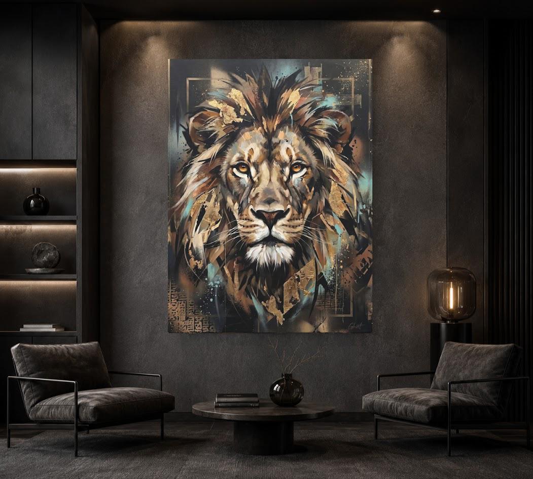 Lion Canvas Wall Art, Abstract Gold Leaf Predator Print for Executive Office or Man Cave — Framed Print wall art