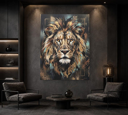 Lion Canvas Wall Art, Abstract Gold Leaf Predator Print for Executive Office or Man Cave — Framed Print wall art