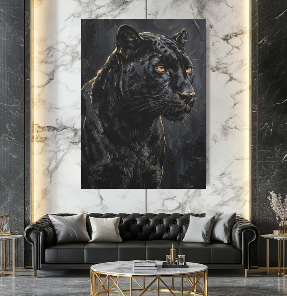 Black Panther Canvas Wall Art, Dark Moody Abstract Animal Print for Industrial Loft or Man Cave — Framed Print wall art