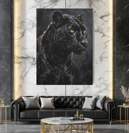 Black Panther Canvas Wall Art, Dark Moody Abstract Animal Print for Industrial Loft or Man Cave — Framed Print wall art