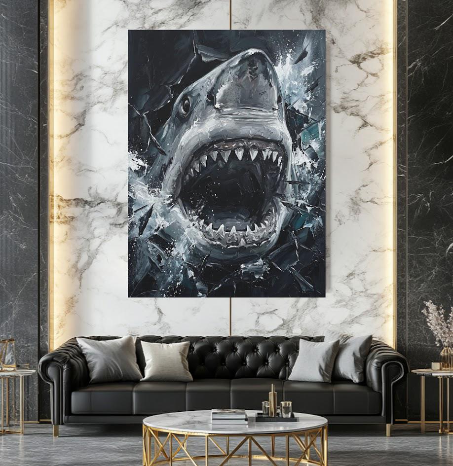 Great White Shark Canvas Wall Art, Aggressive Ocean Predator Print for Executive Office or Man Cave — Framed Print wall art