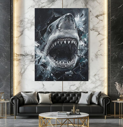 Great White Shark Canvas Wall Art, Aggressive Ocean Predator Print for Executive Office or Man Cave — Framed Print wall art