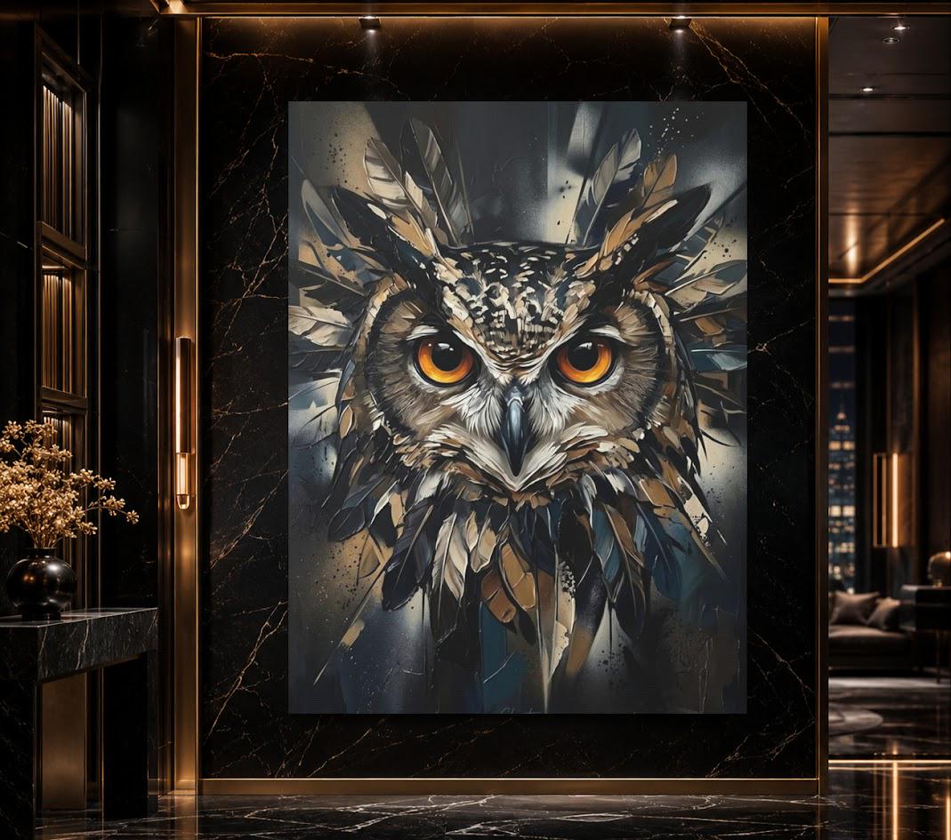 Dark Moody Owl Canvas Wall Art, Abstract Night Bird Print for Dark Academia Decor or Executive Office — Framed Print wall art