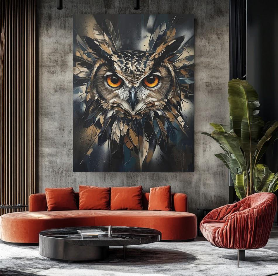 Dark Moody Owl Canvas Wall Art, Abstract Night Bird Print for Dark Academia Decor or Executive Office — Framed Print wall art