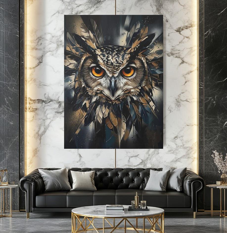 Dark Moody Owl Canvas Wall Art, Abstract Night Bird Print for Dark Academia Decor or Executive Office — Framed Print wall art