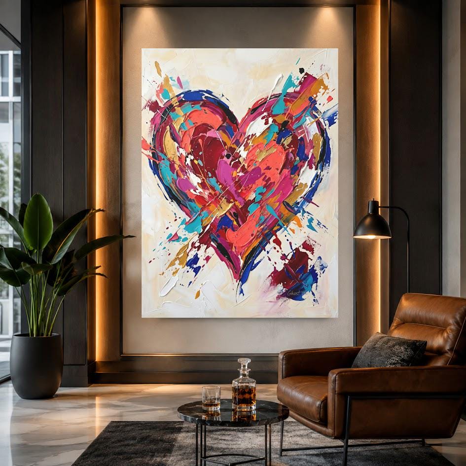 Colorful Heart Canvas Wall Art, Abstract Pop Art Print for Eclectic Bedroom or Gallery Wall — Framed Print wall art