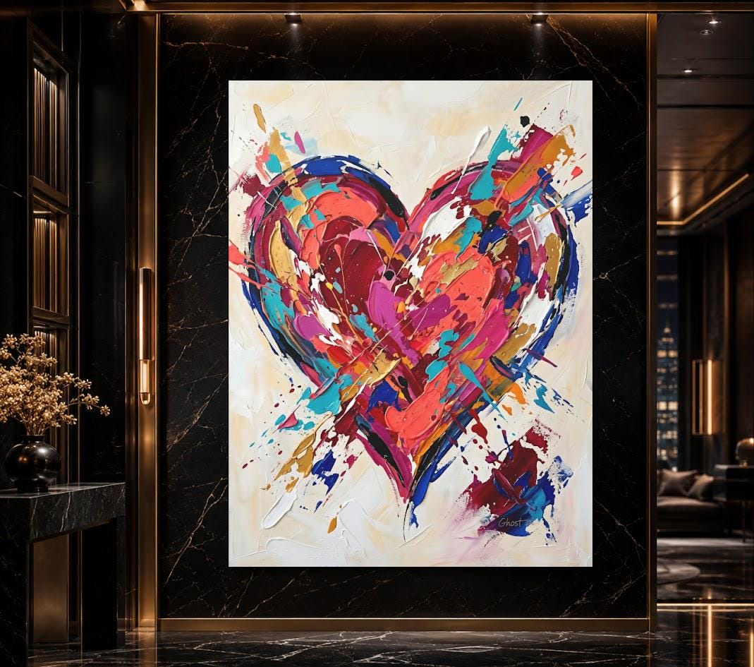 Colorful Heart Canvas Wall Art, Abstract Pop Art Print for Eclectic Bedroom or Gallery Wall — Framed Print wall art