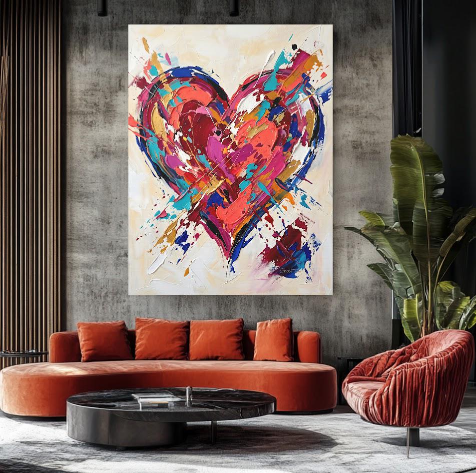 Colorful Heart Canvas Wall Art, Abstract Pop Art Print for Eclectic Bedroom or Gallery Wall — Framed Print wall art