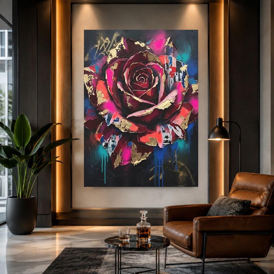 Dark Moody Floral Canvas Wall Art, Abstract Street Art Rose Print for Eclectic Bedroom or Lounge — Framed Print wall art