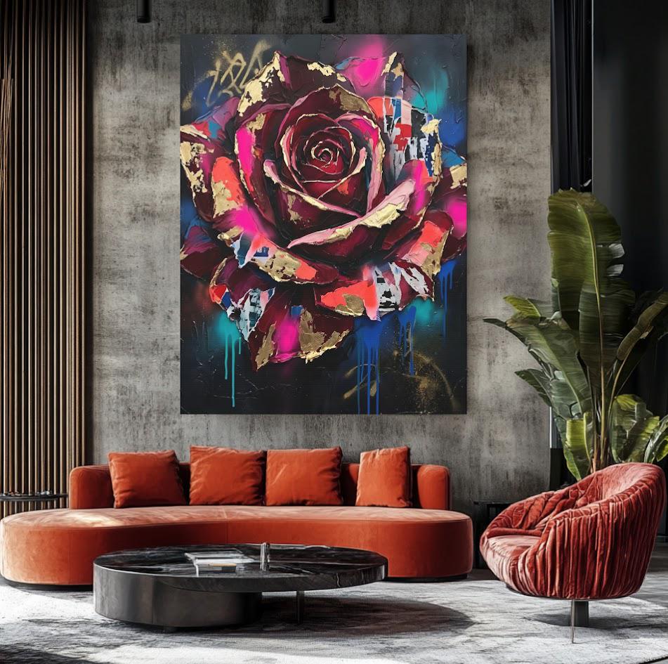 Dark Moody Floral Canvas Wall Art, Abstract Street Art Rose Print for Eclectic Bedroom or Lounge — Framed Print wall art