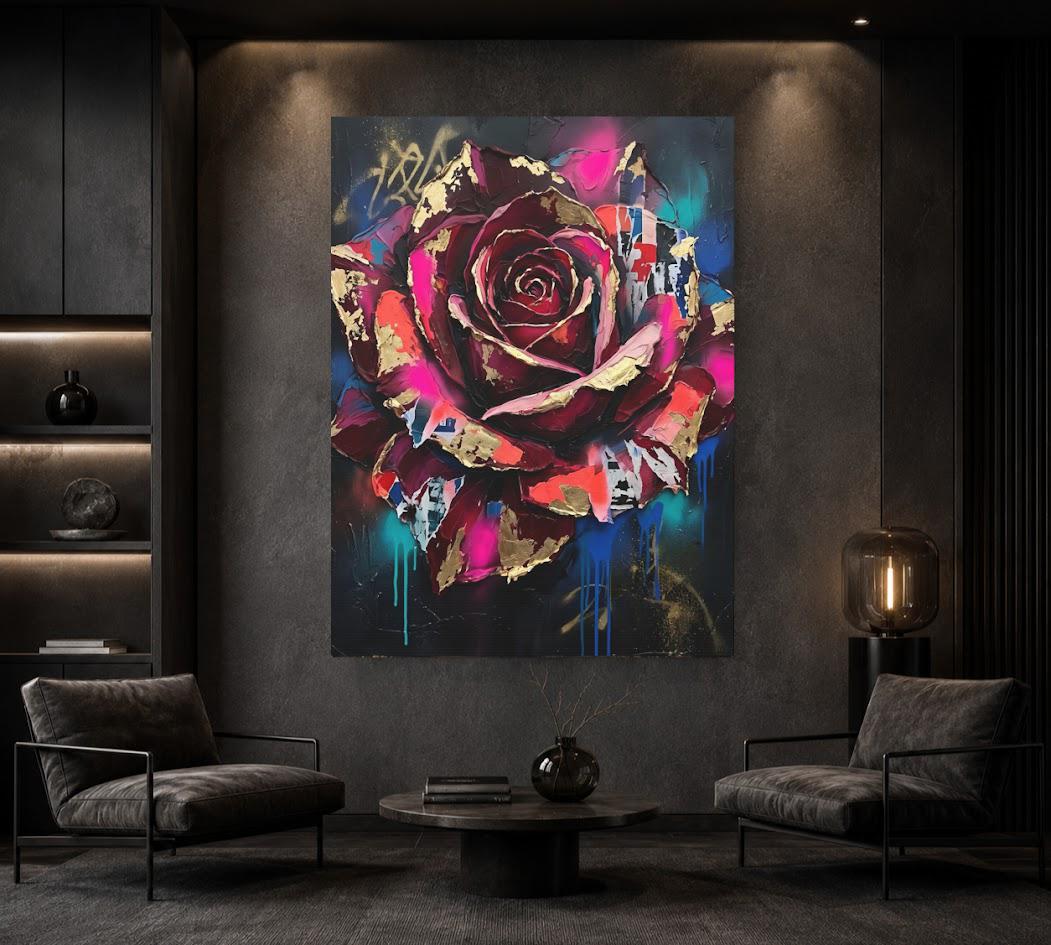 Dark Moody Floral Canvas Wall Art, Abstract Street Art Rose Print for Eclectic Bedroom or Lounge — Framed Print wall art
