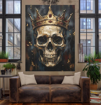 Crowned Skull Canvas Wall Art, Dark Moody Memento Mori Print for Luxury Man Cave or Bachelor Pad — Framed Print wall art