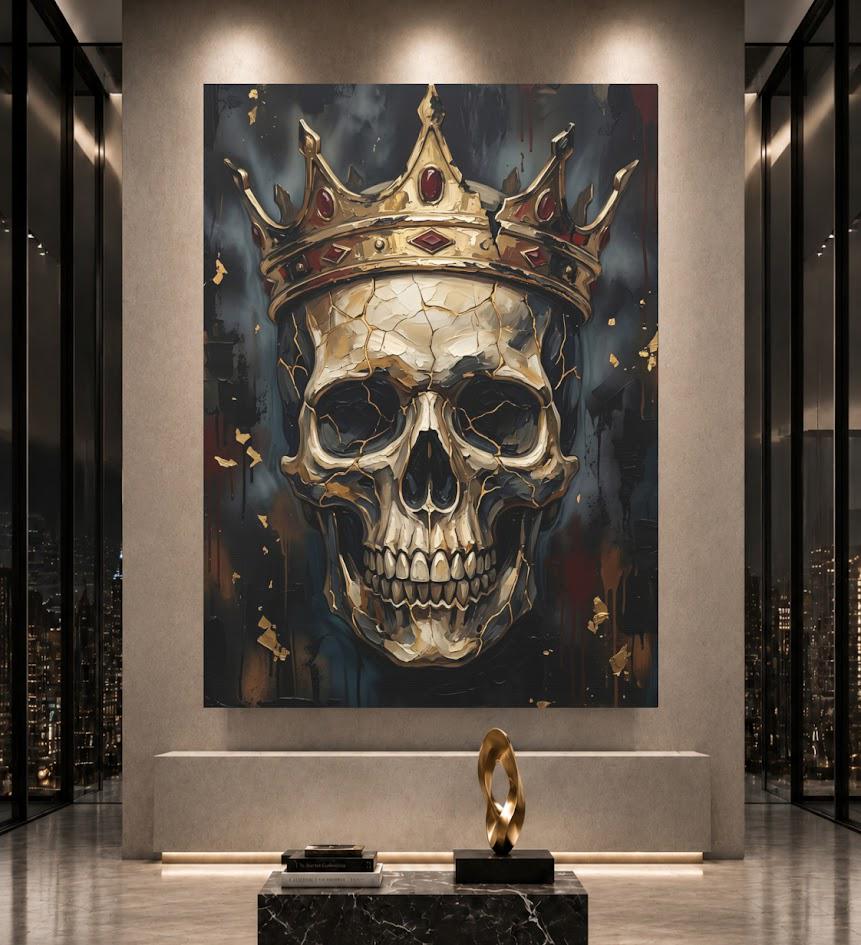 Crowned Skull Canvas Wall Art, Dark Moody Memento Mori Print for Luxury Man Cave or Bachelor Pad — Framed Print wall art