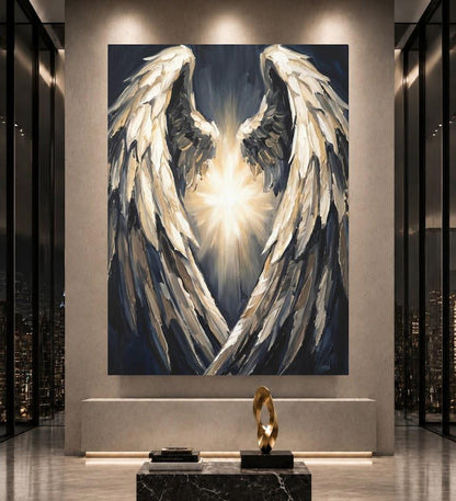 Angel Wings Canvas Wall Art, Dark Moody Abstract Spiritual Print for Modern Bedroom or Prayer Room Decor — Framed Print wall