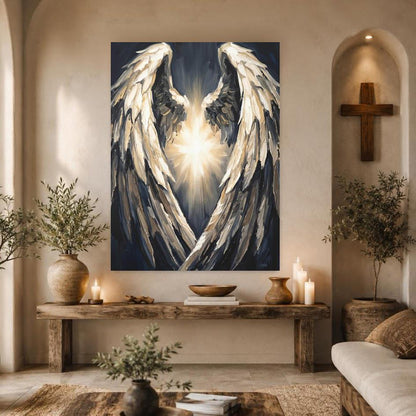 Angel Wings Canvas Wall Art, Dark Moody Abstract Spiritual Print for Modern Bedroom or Prayer Room Decor — Framed Print wall