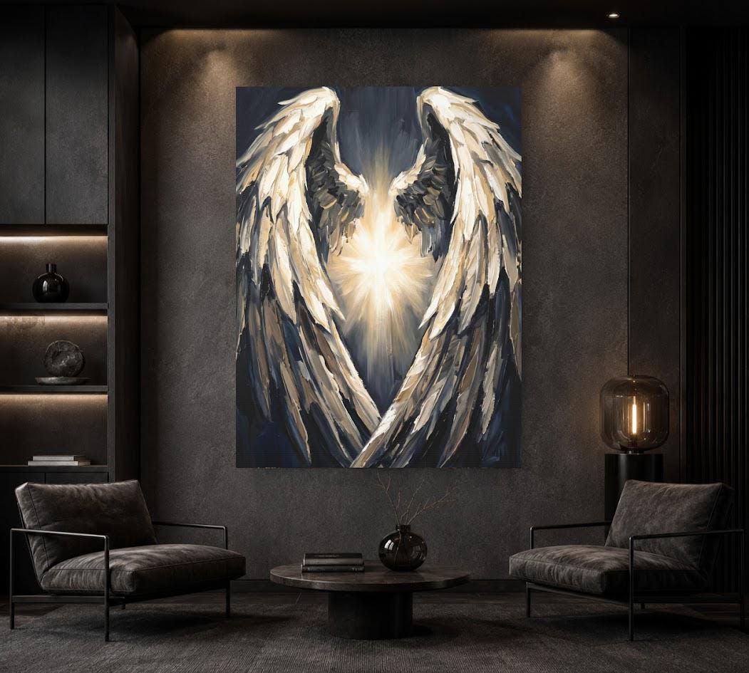 Angel Wings Canvas Wall Art, Dark Moody Abstract Spiritual Print for Modern Bedroom or Prayer Room Decor — Framed Print wall