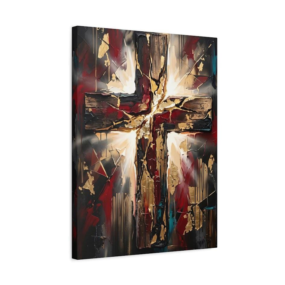Wooden Cross Canvas Wall Art, Dark Moody Abstract Christian Print for Modern Prayer Room or Office — Canvas wall art
