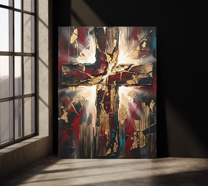 Wooden Cross Canvas Wall Art, Dark Moody Abstract Christian Print for Modern Prayer Room or Office — Framed Print wall art