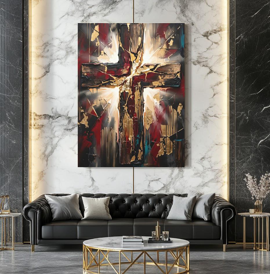 Wooden Cross Canvas Wall Art, Dark Moody Abstract Christian Print for Modern Prayer Room or Office — Framed Print wall art