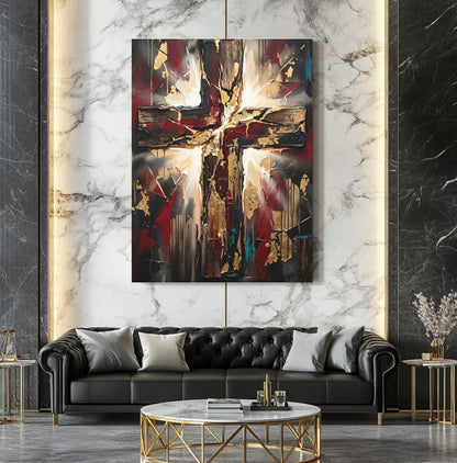 Wooden Cross Canvas Wall Art, Dark Moody Abstract Christian Print for Modern Prayer Room or Office — Framed Print wall art