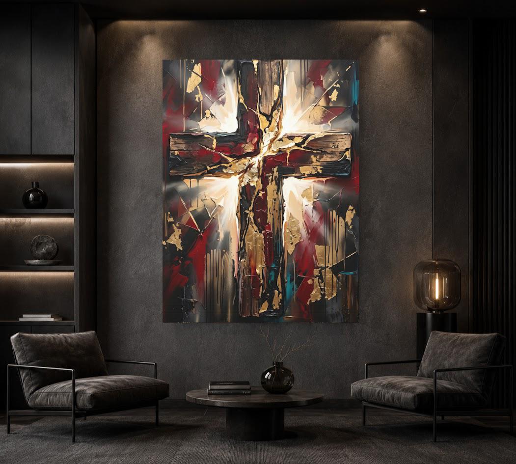 Wooden Cross Canvas Wall Art, Dark Moody Abstract Christian Print for Modern Prayer Room or Office — Framed Print wall art