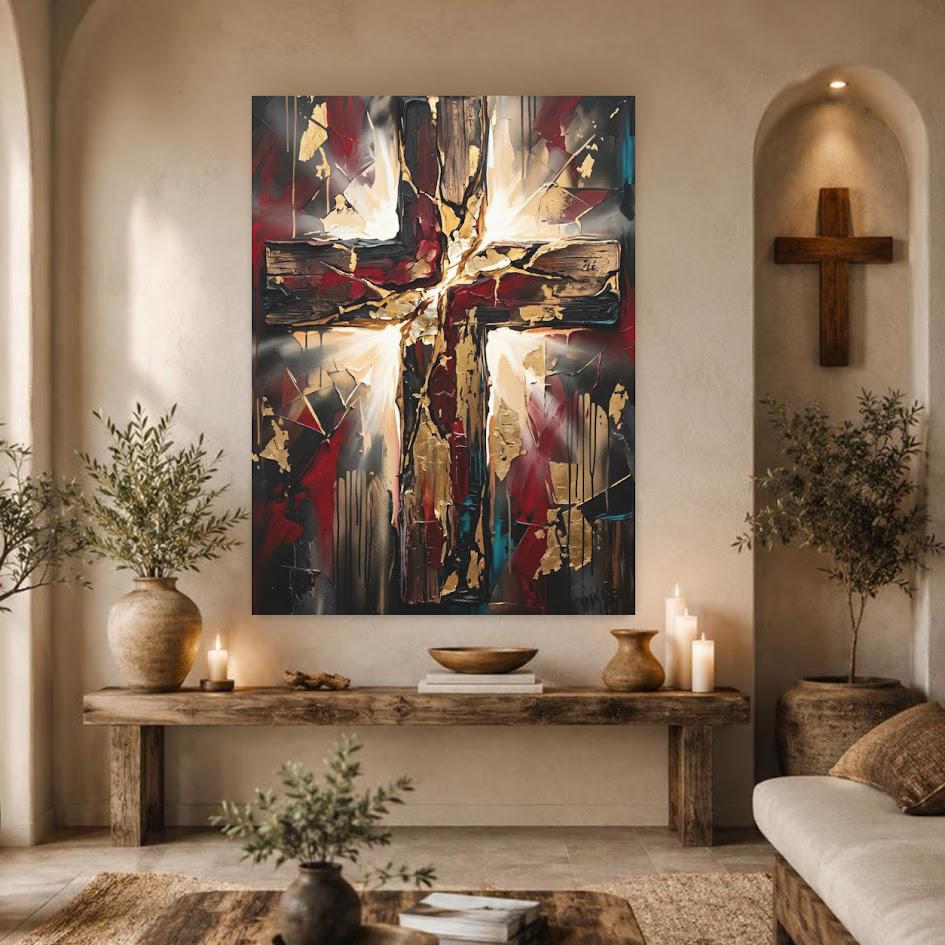 Wooden Cross Canvas Wall Art, Dark Moody Abstract Christian Print for Modern Prayer Room or Office — Framed Print wall art
